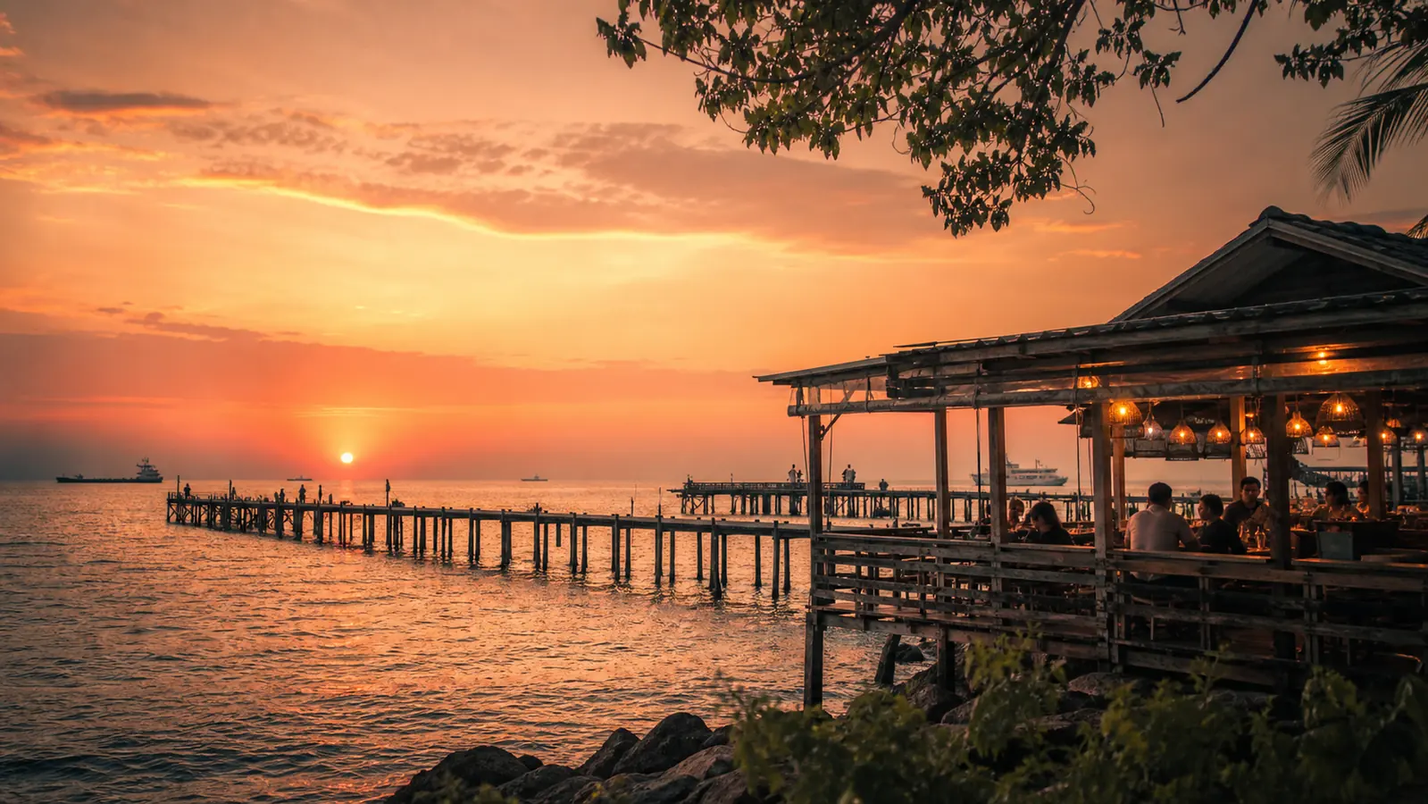 วิวอ่าวศรีราชายามพระอาทิตย์ตกกับสะพานประมงและร้านอาหารริมทะเล